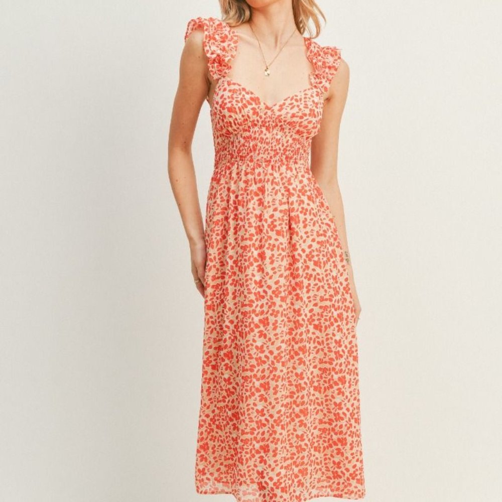 New Boho Ruffled Strap Floral Printed Midi Dress with Sweetheart Neckline